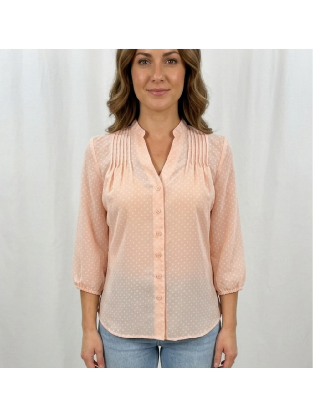 Women's Alfred Sung Blouse Size M Peach White Polka Dot Button Down. 1978